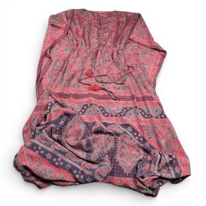 Mamey Maxi Kaftan Kimono Dress Paisley Boho Hippie Loose Fit Fringe Tie SMALL